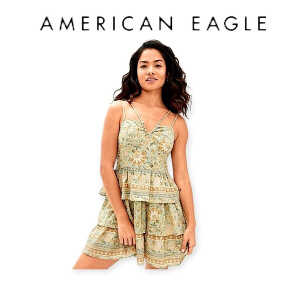 American Eagle Green Floral Tiered Mini Dress Petite Large - Picture 1 of 13